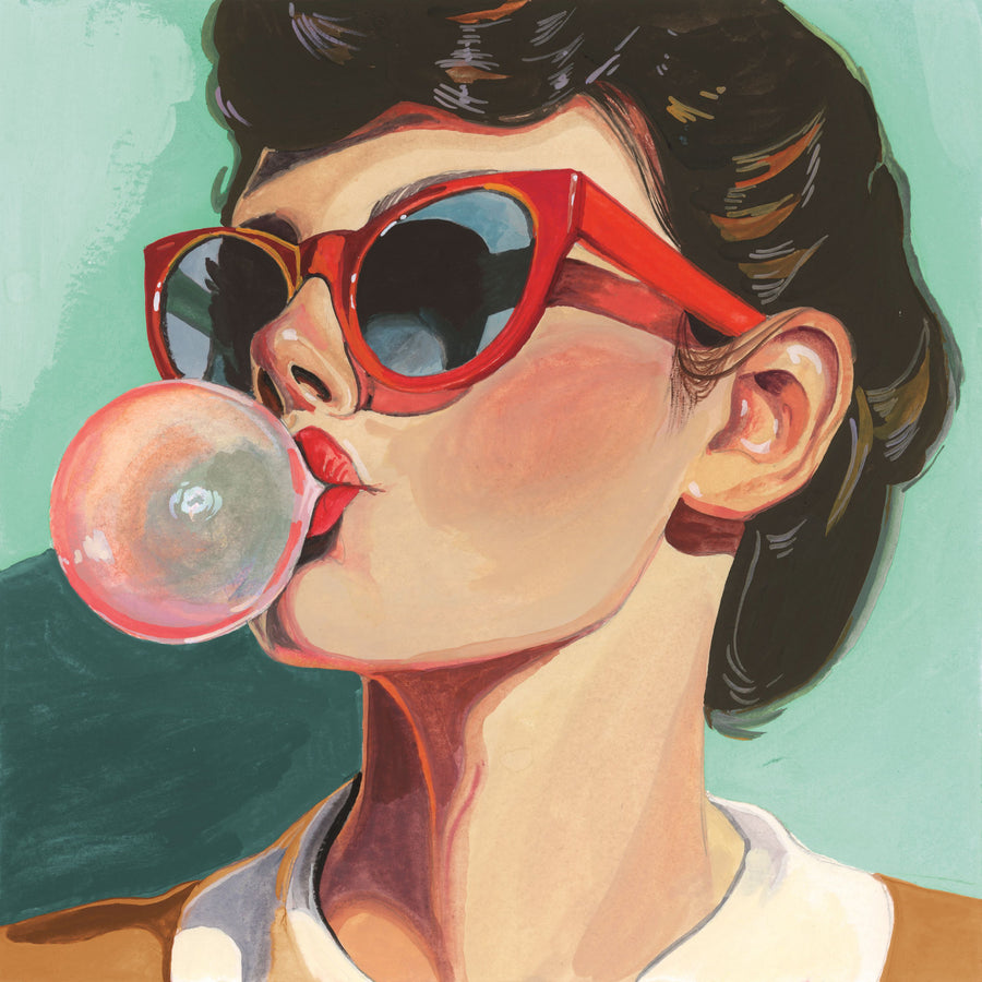 Retro Bubblegum Girl Teal Mural Wallpaper