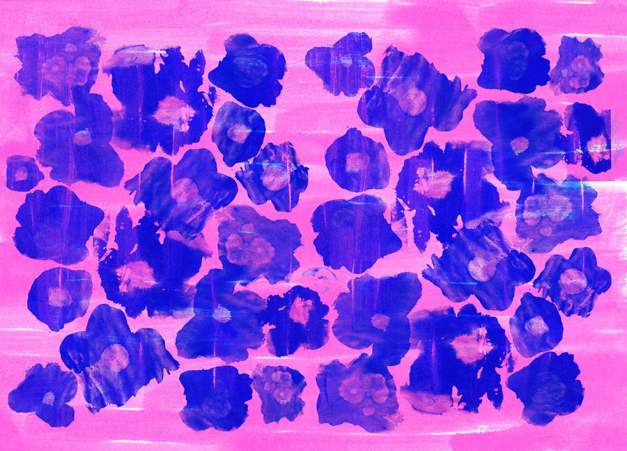 Flower Poufs, Indigo on Pink Mural Wallpaper