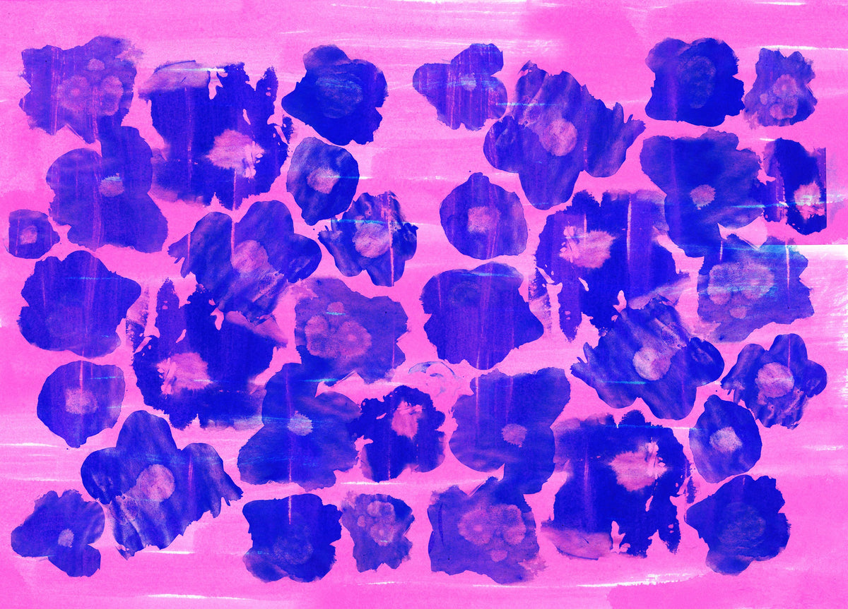 Flower Poufs, Indigo on Pink Mural Wallpaper - pure wallpaper artwork