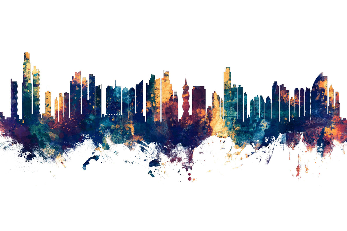 Panama City Skyline Blue & Bronze Mural Wallpaper - pure wallpaper artwork