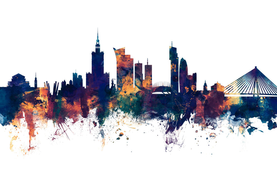 Warsaw Poland Skyline Blue & Bronze Mural Wallpaper