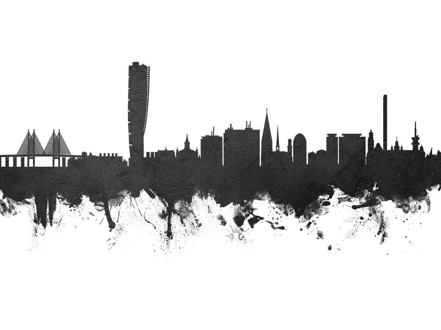 Malmö Sweden Skyline Black & White Mural Wallpaper