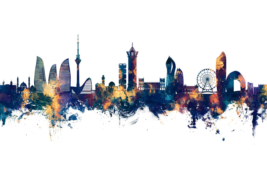 Baku Skyline Blue & Bronze Mural Wallpaper