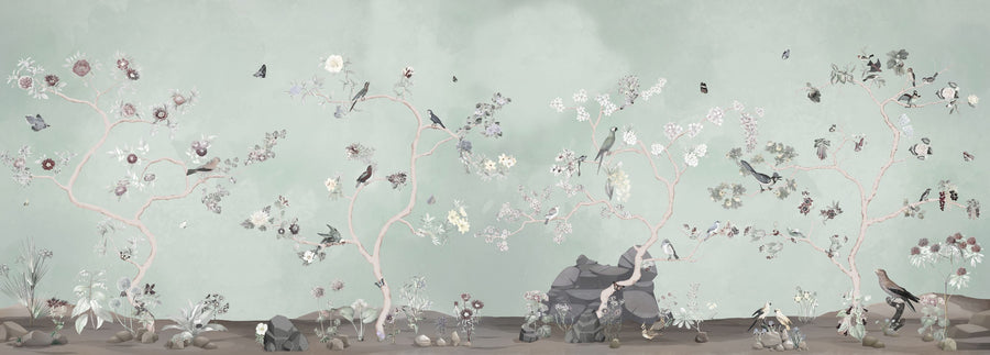 Birds in the Garden Blue Green Mural Wallpaper