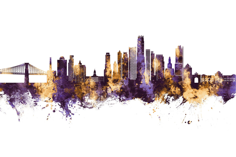 Brooklyn New York Skyline Purple & Gold Mural Wallpaper