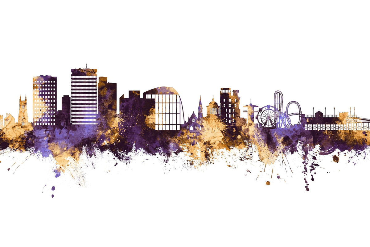 Southend-on-Sea England Skyline Purple & Gold Mural Wallpaper - pure wallpaper artwork