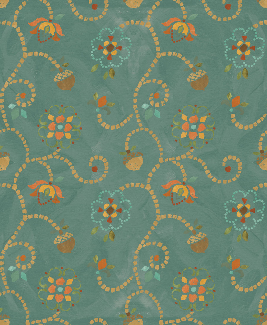 Autumn Acorns Turqouise Mural Wallpaper