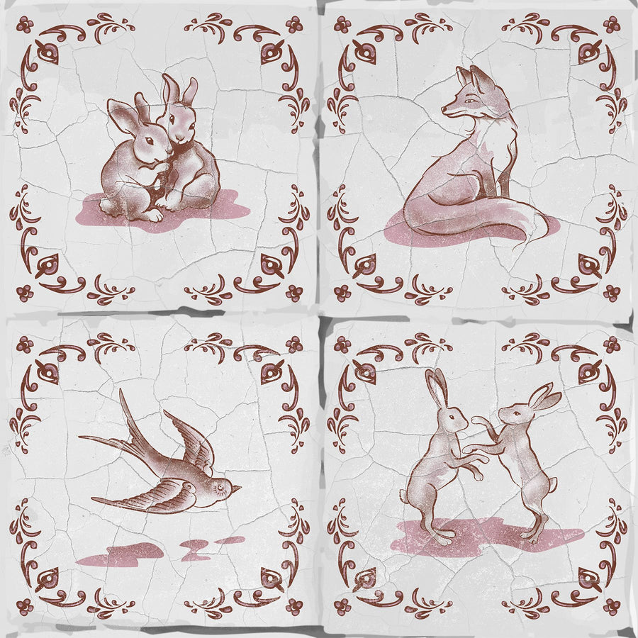 Forest Animals Telft Tiles, Sepia Mural Wallpaper