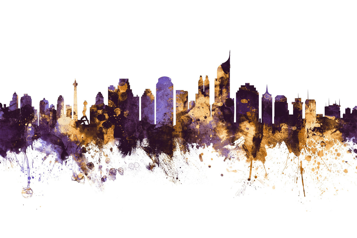 Jakarta Skyline Indonesia Purple & Gold Mural Wallpaper - pure wallpaper artwork