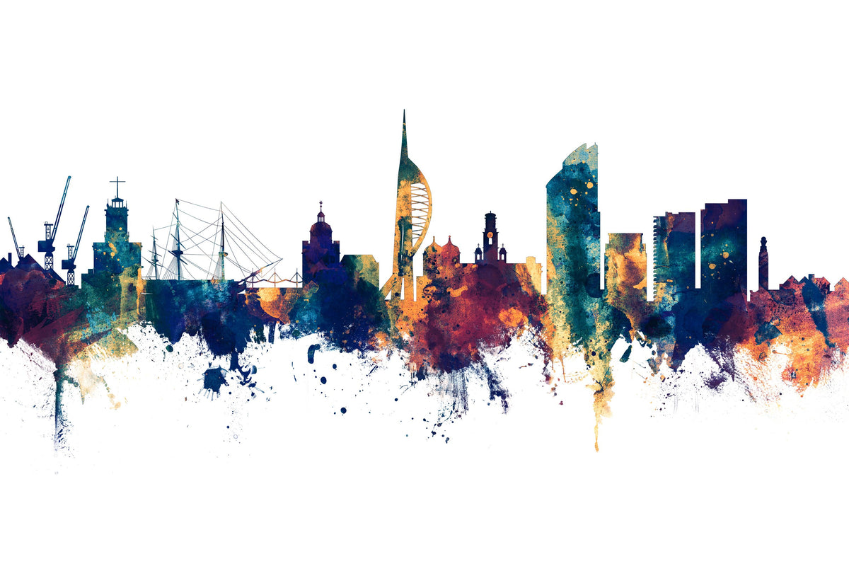 Portsmouth England Skyline Blue & Bronze Mural Wallpaper - pure wallpaper artwork