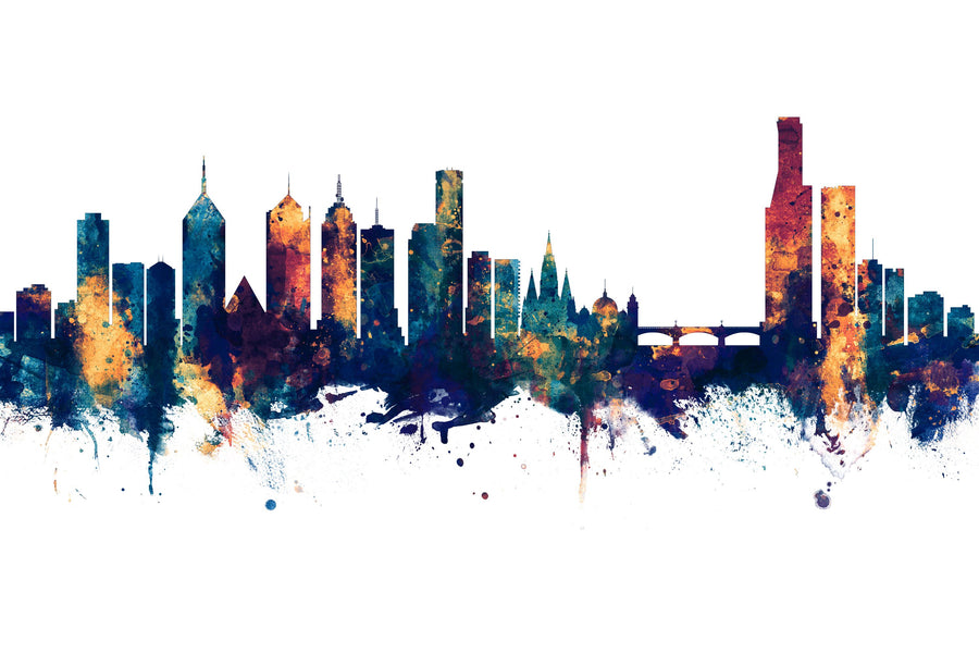 Melbourne Australia Skyline Blue & Bronze Mural Wallpaper