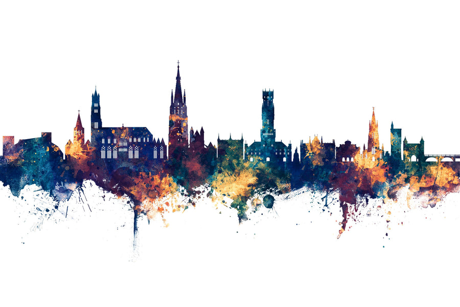 Bruges Belgium Skyline Blue & Bronze Mural Wallpaper