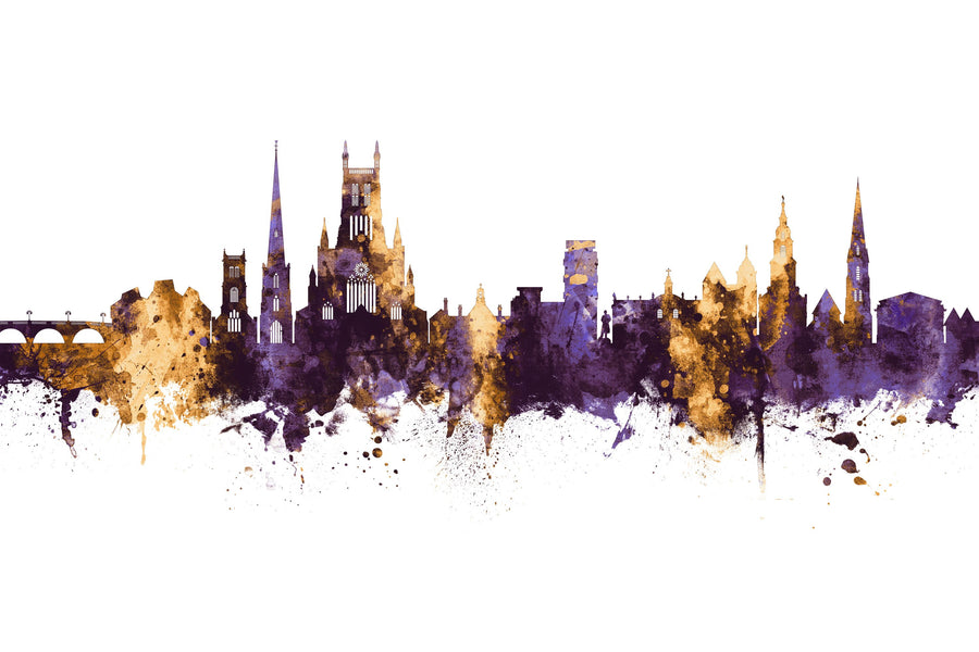 Worcester England Skyline Purple & Gold Mural Wallpaper