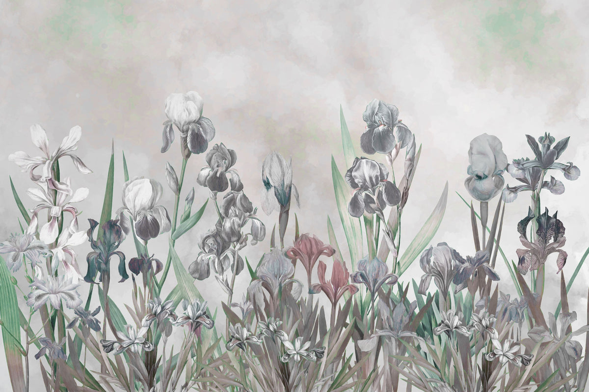 Iris Field Greenish Mural Wallpaper - pure wallpaper artwork