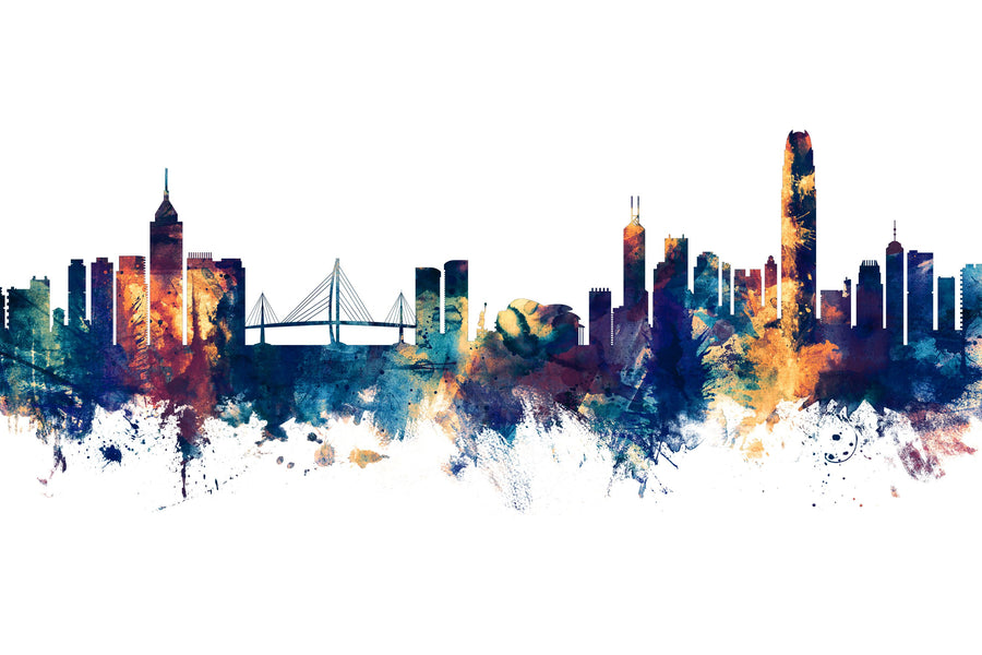 Hong Kong Skyline Blue & Bronze Mural Wallpaper