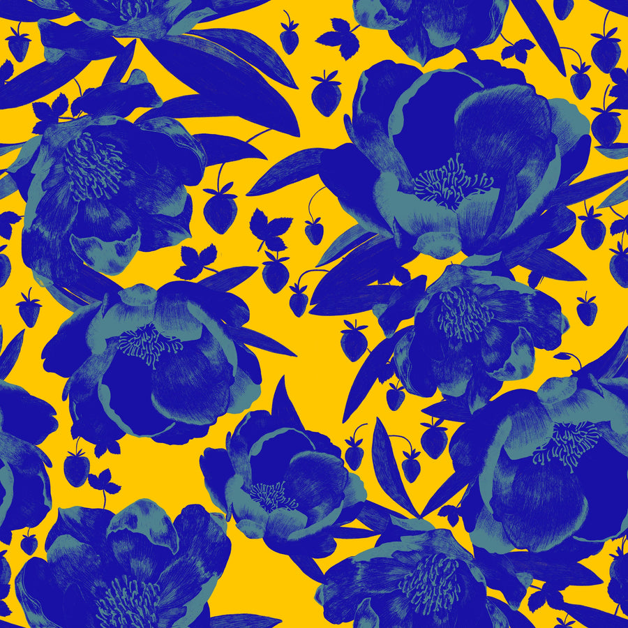 Pop Peonies, Yellow & Blue Mural Wallpaper