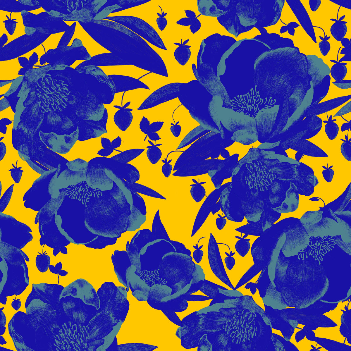 Pop Peonies, Yellow & Blue Mural Wallpaper - pure wallpaper artwork
