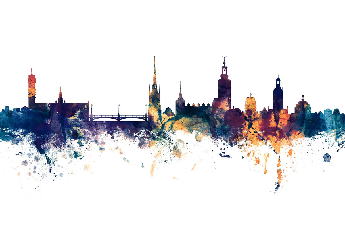 Stockholm Skyline Blue & Bronze Mural Wallpaper - pure wallpaper artwork