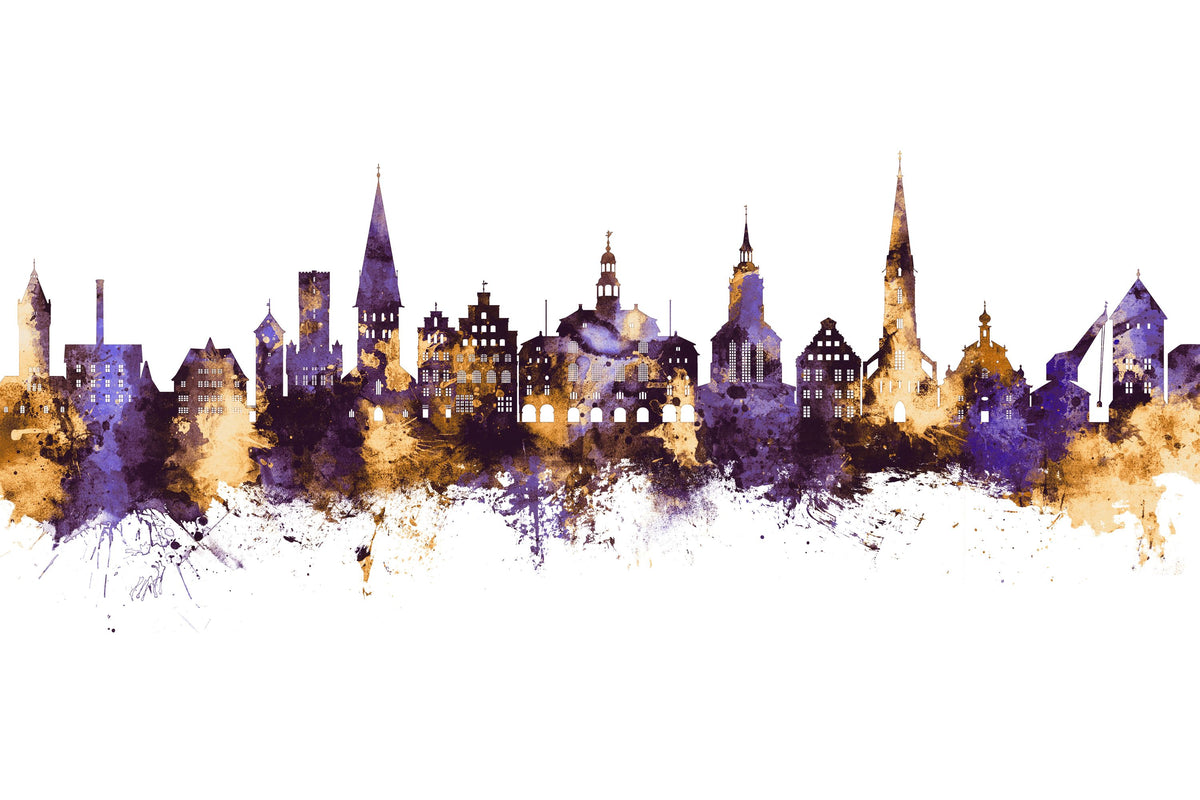 Lüneburg Germany Skyline Purple & Gold Mural Wallpaper - pure wallpaper artwork