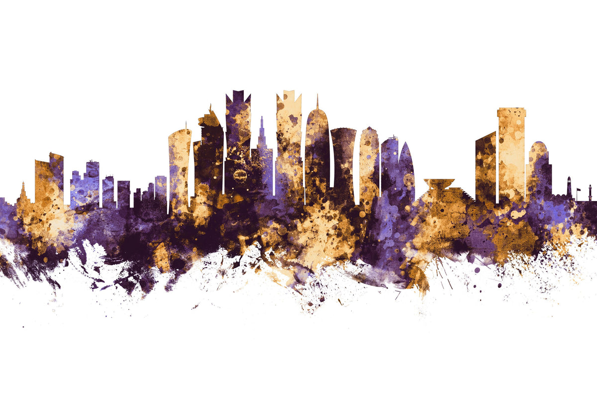 Doha Qatar Skyline Purpl & Gold Mural Wallpaper - pure wallpaper artwork