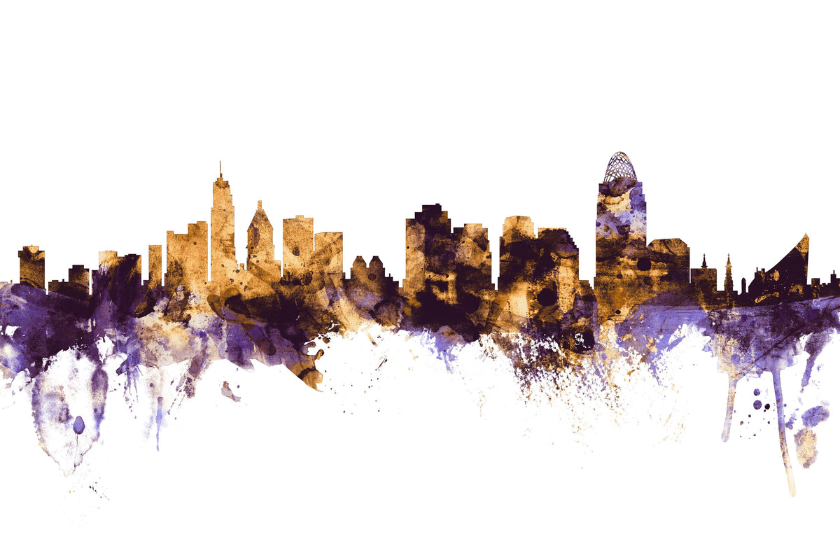 Cincinnati Ohio Skyline Purple & Gold Mural Wallpaper - pure wallpaper artwork