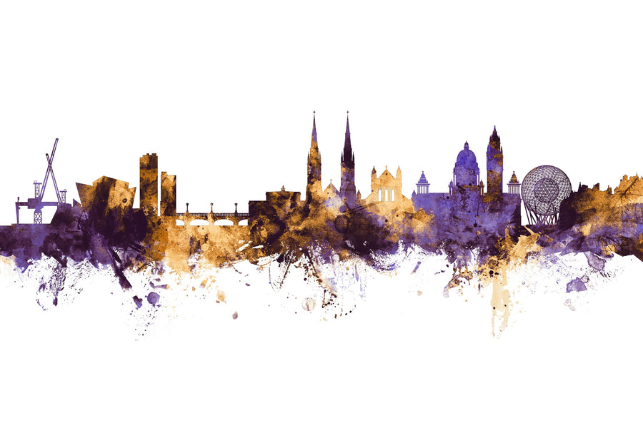 Belfast Northern Ireland Skyline Purple & Gold Mural Wallpaper