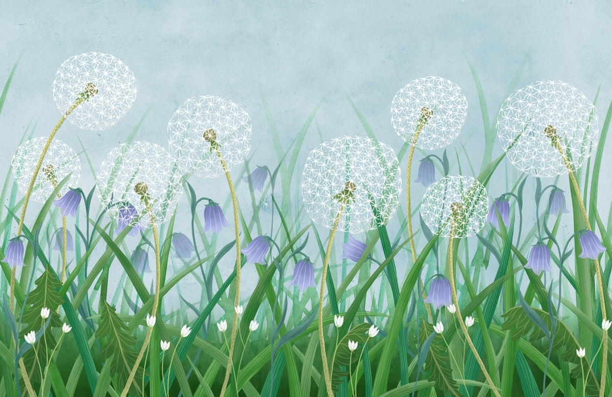 Dandelion Meadow, Blue Mural Wallpaper - pure wallpaper artwork