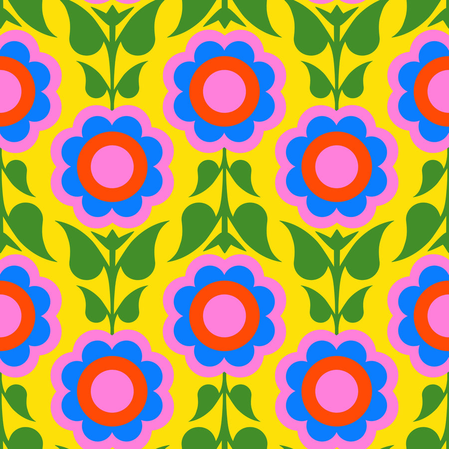 Retro Bold Blooms, Bright Mural Wallpaper