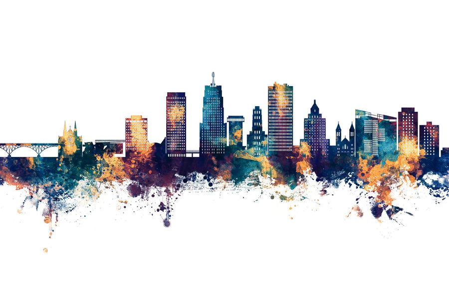Akron Ohio Skyline Blue & Bronze Mural Wallpaper