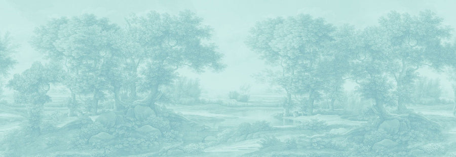 Landscape Wallpaper Mural – Scenery Wall Mural – Riverbank Oak Landscape, Seafoam printable artwork