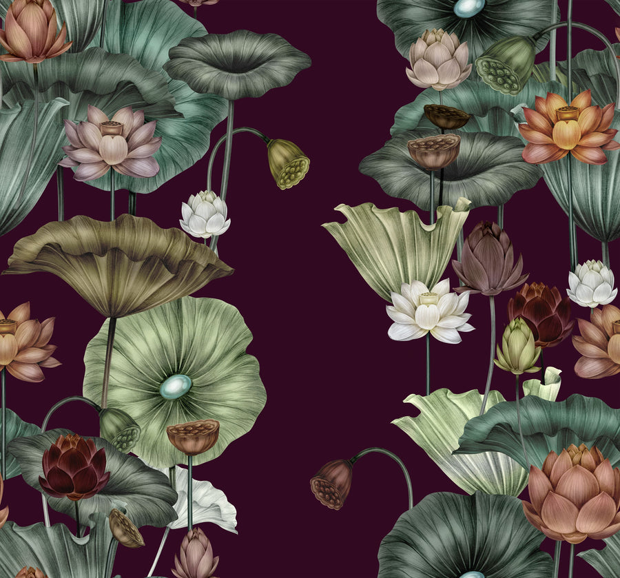Magical Lotus, Burgundy Mural Wallpaper