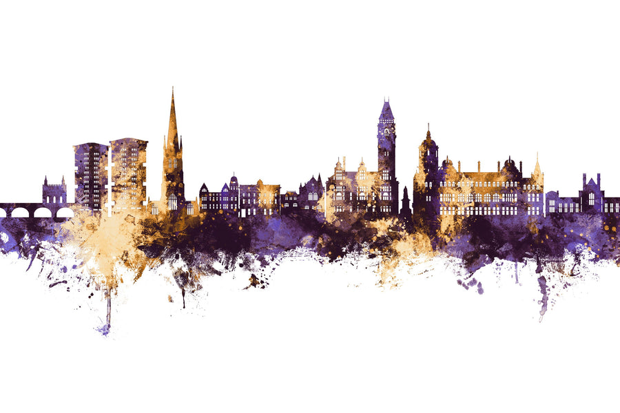 Wakefield England Skyline Purple & Gold Mural Wallpaper