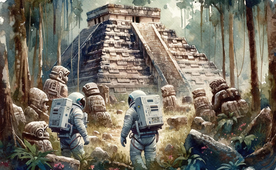 Astronauts Exploring Ancient Pyramid Ruins Mural Wallpaper