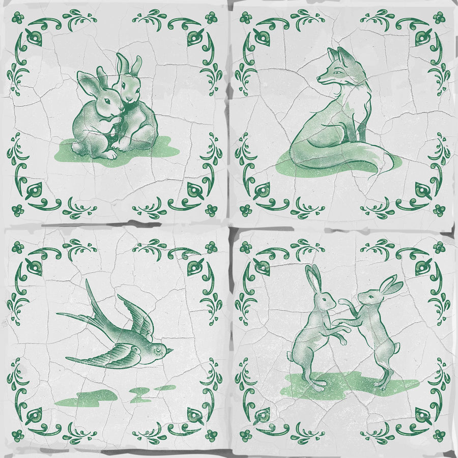Forest Animals Telft Tiles, Green Mural Wallpaper