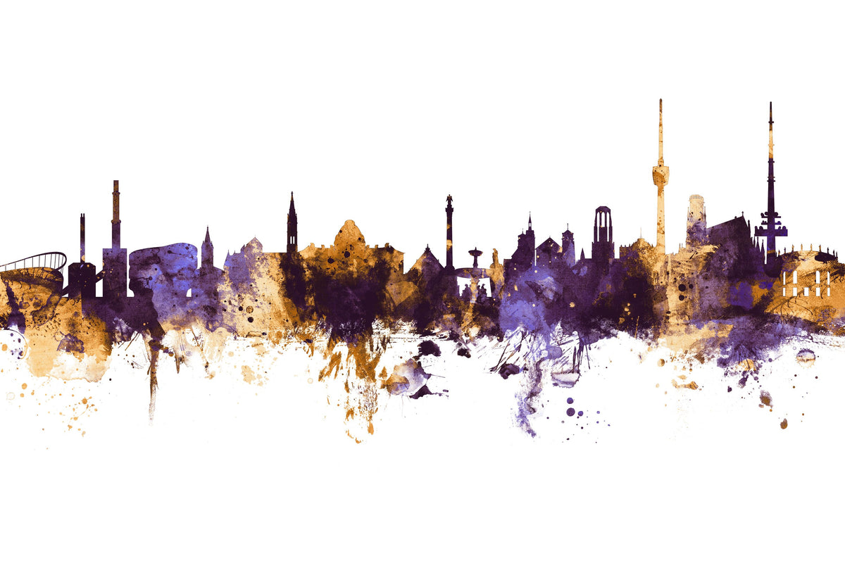 Stuttgart Germany Skyline Purple & Gold Mural Wallpaper - pure wallpaper artwork