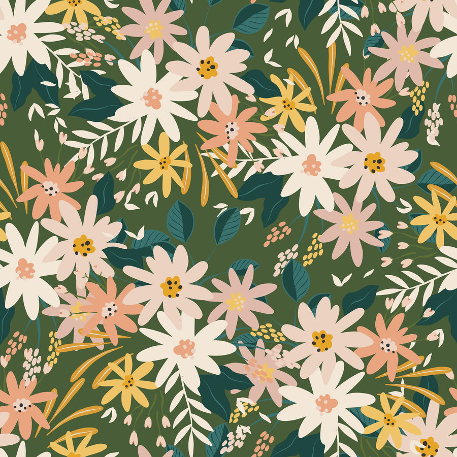 Market Flowers on Green Mural Wallpaper