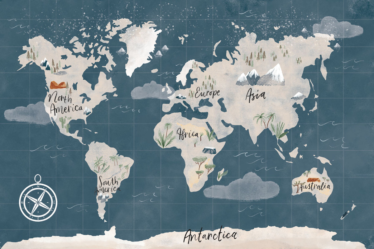 Scandi Map Blue Mural Wallpaper - pure wallpaper artwork