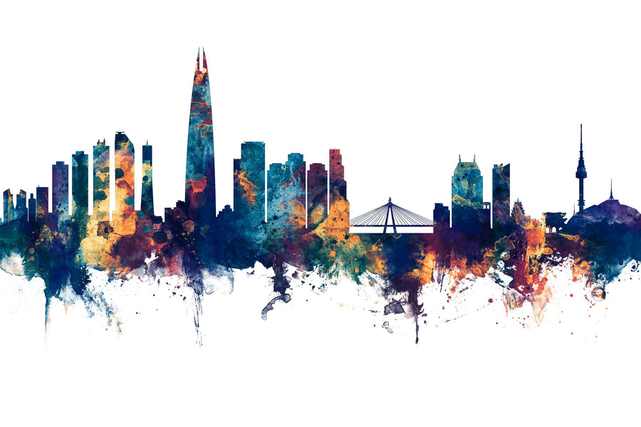 Seoul Skyline Blue & Bronze Mural Wallpaper