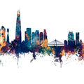 Seoul Skyline Blue & Bronze Mural Wallpaper - pure wallpaper artwork