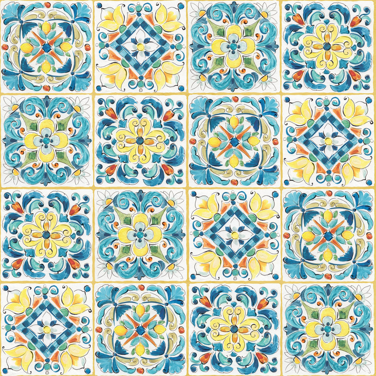 Maritime Tiles Yellow and Blue Mural Wallpaper - pure wallpaper artwork