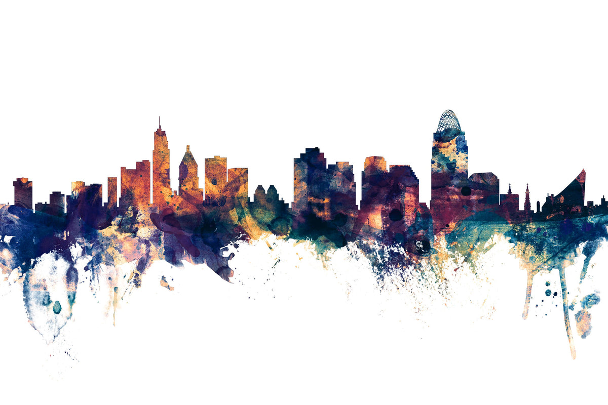 Cincinnati Ohio Skyline Blue & Bronze Mural Wallpaper - pure wallpaper artwork
