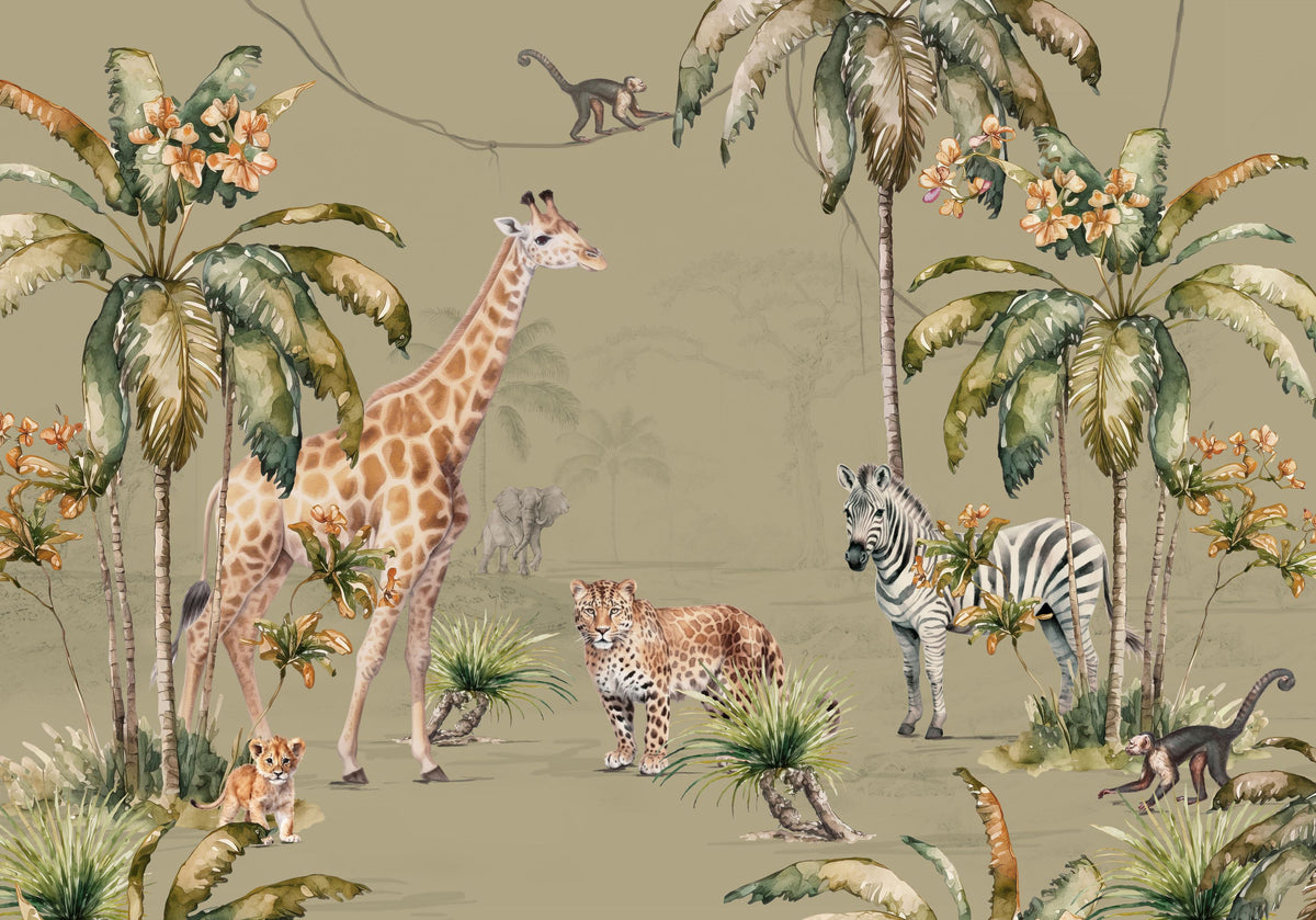 Whimsical Wildlife Sage Mural Wallpaper - pure wallpaper artwork