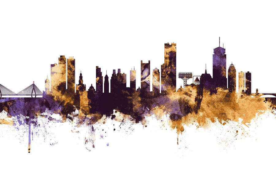 Boston Massachusettes Skyline Purple & Gold Mural Wallpaper