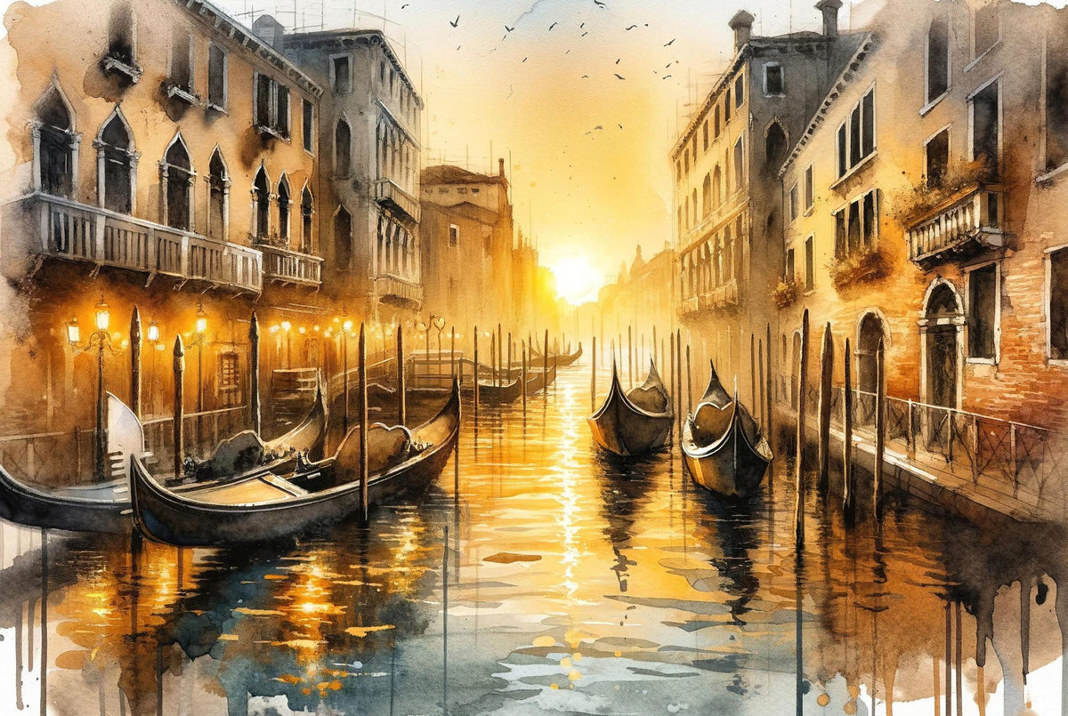Sunset Over Venetian Canals with Gondolas Mural Wallpaper - pure wallpaper artwork