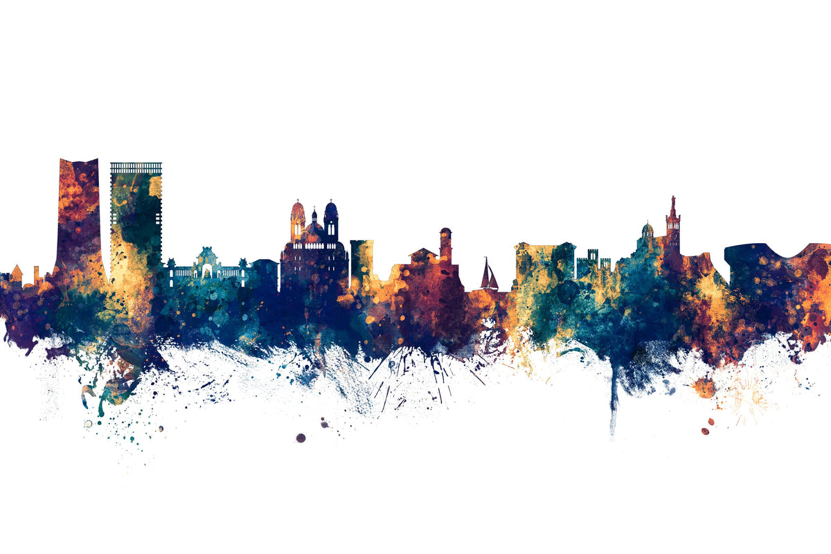 Marseille France Skyline Blue & Bronze Mural Wallpaper - pure wallpaper artwork