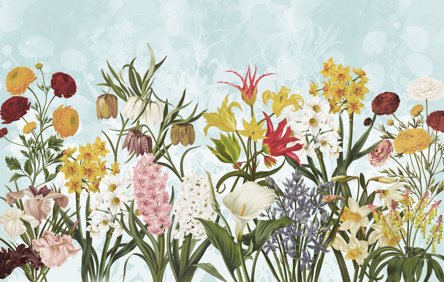 Happy Spring Flowers Mural Wallpaper - Neutral Tone