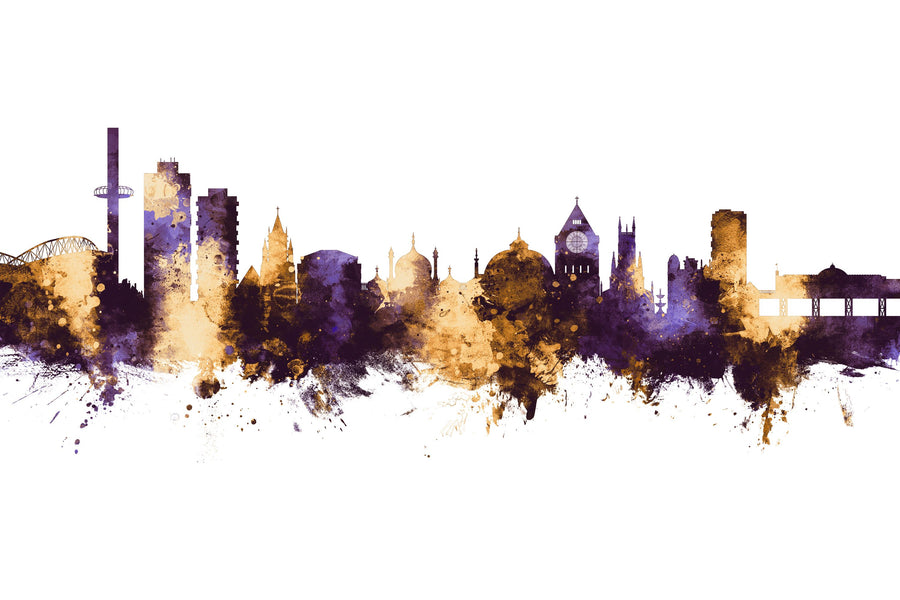 Brighton England Skyline Purple & Gold Mural Wallpaper