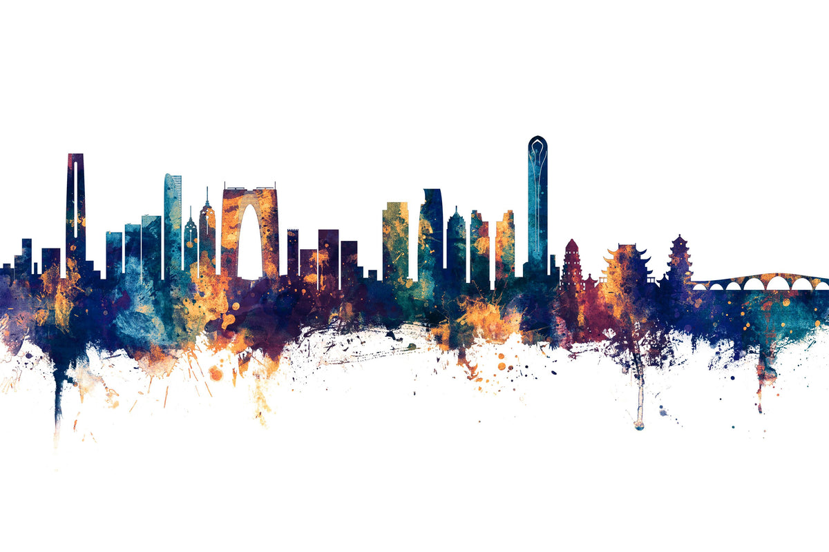 Suzhou China Skyline Blue & Bronze Mural Wallpaper - pure wallpaper artwork