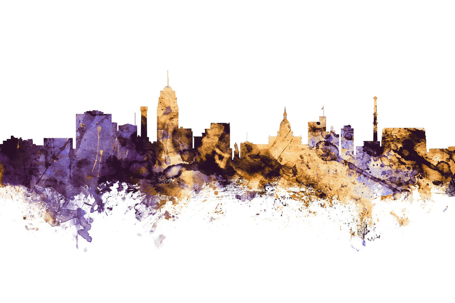 Lansing Michigan Skyline Purple & Gold Mural Wallpaper
