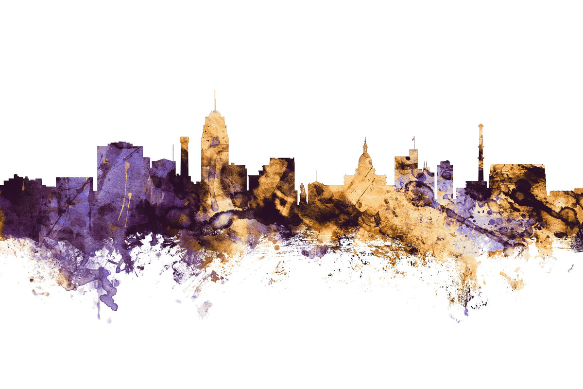 Lansing Michigan Skyline Purple & Gold Mural Wallpaper - pure wallpaper artwork